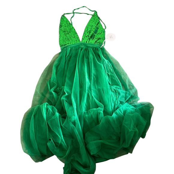 Luxxel Green Formal Dress Sequins Tulle Gown Sexy Backless NEW Size Medium - Picture 1 of 6